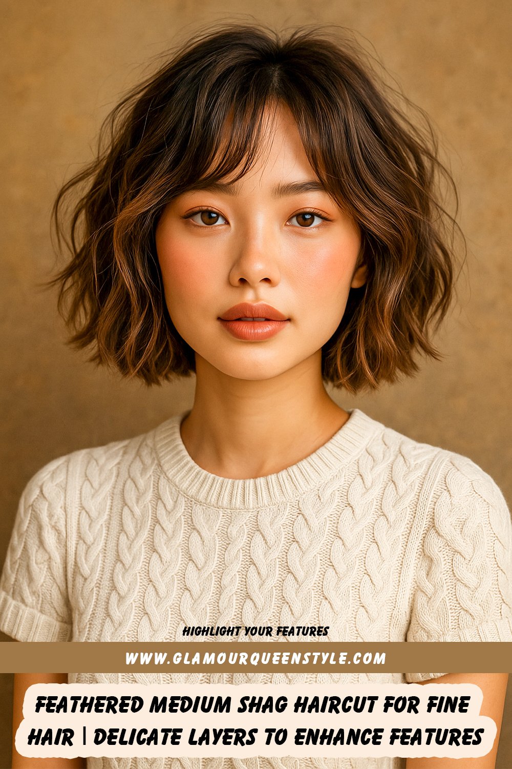 A woman wears a feathered medium shag haircut featuring wispy layers framing her face; she has glowing natural makeup and coordinates her outfit with a pastel-toned top.