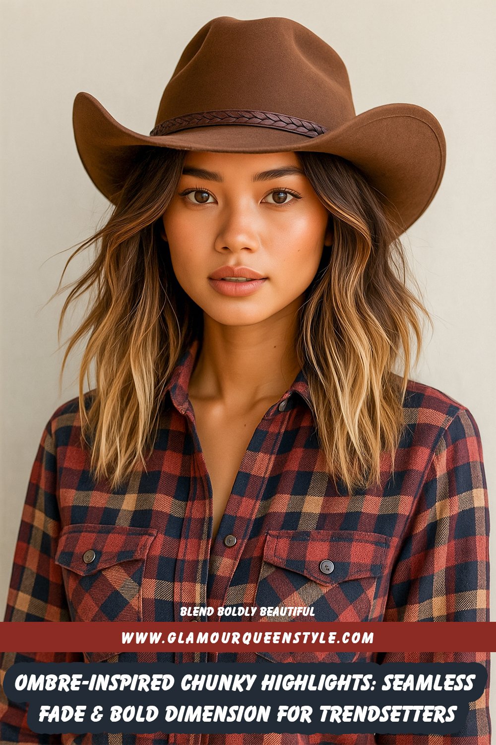 Person wearing fashion-forward attire showcasing ombre-inspired chunky highlights; dark roots blend seamlessly into bold blonde tones at the lengths for high-contrast dimension.