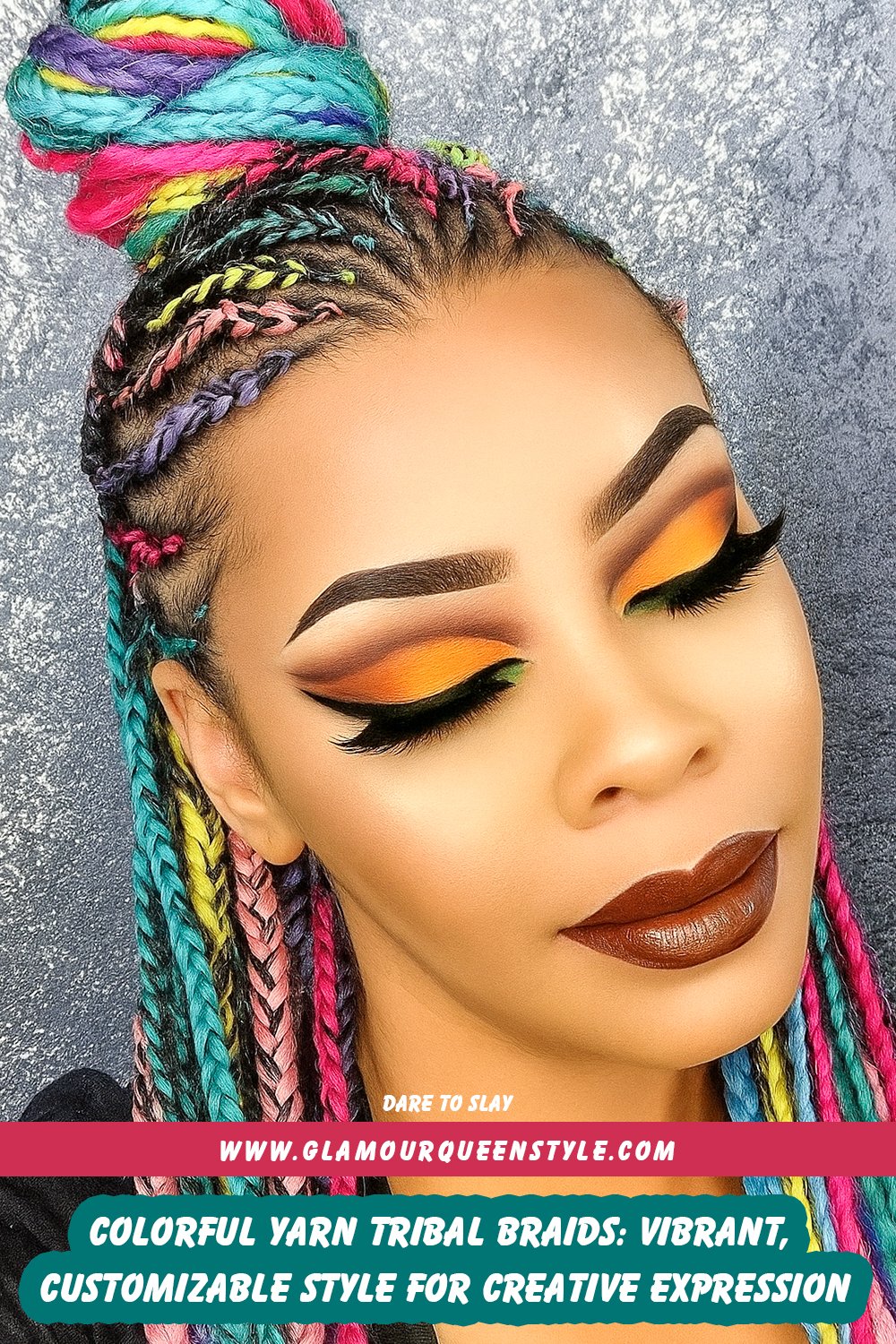 Woman wearing tribal braids interwoven with colorful yarn strands in various bright hues; styled in trendy casual fashion capturing creative flair.