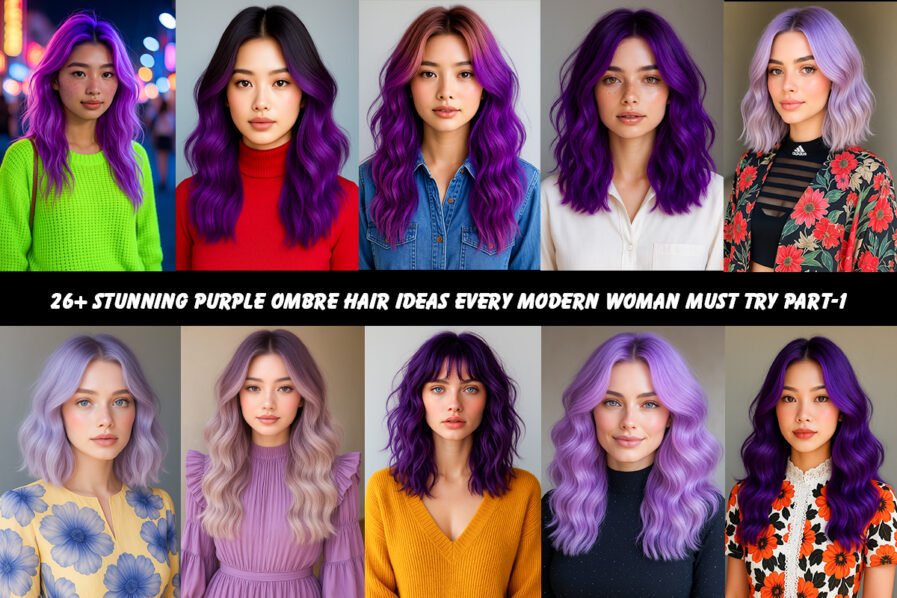 Women with diverse purple ombre hairstyles including pastel lavender, deep violet, smoky plum, rose gold purple, and mermaid-inspired hues.