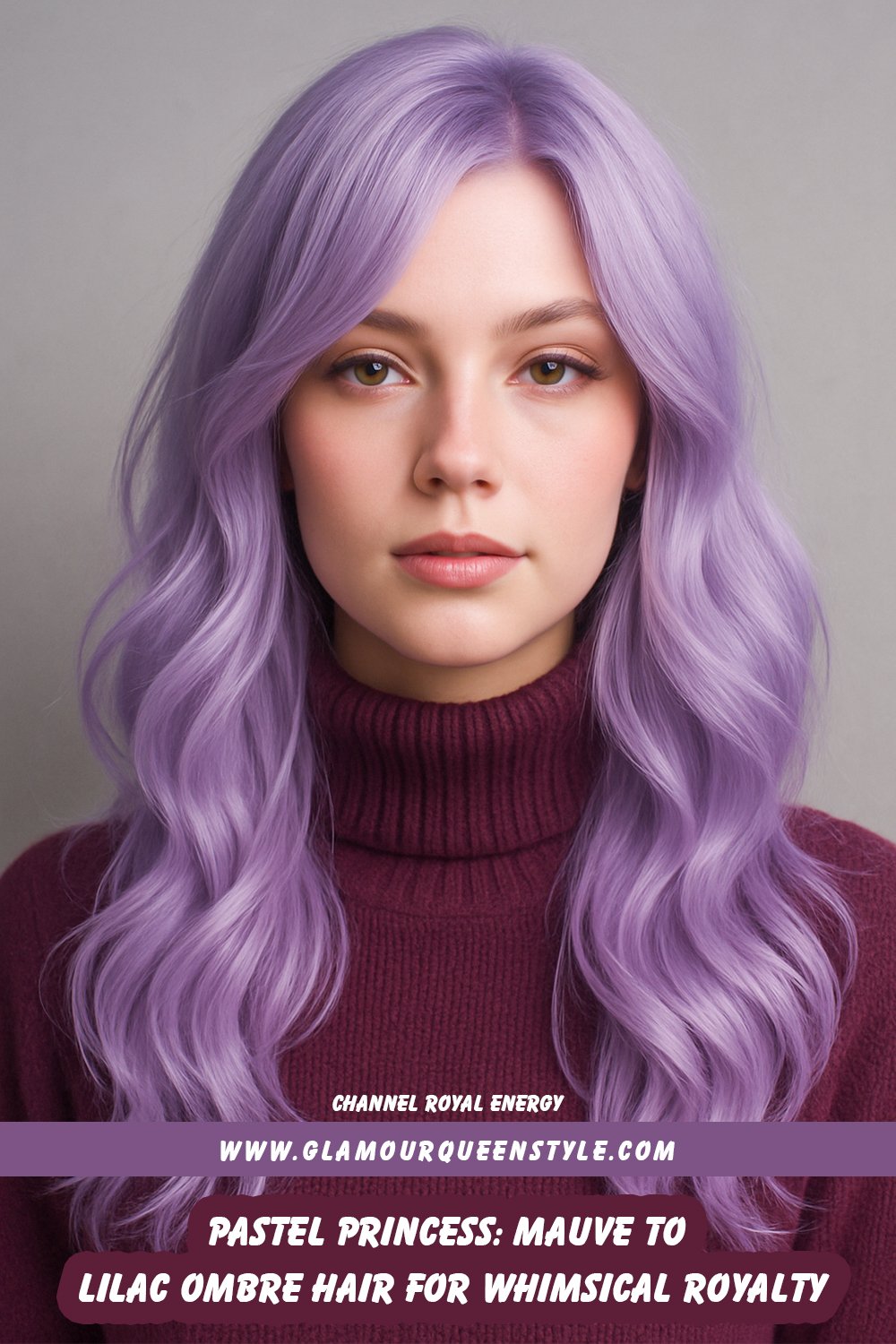 Woman wearing her hair in a seamless mauve-to-lilac ombre; paired with fresh blush makeup and a soft lavender knit sweater visible around the neckline.