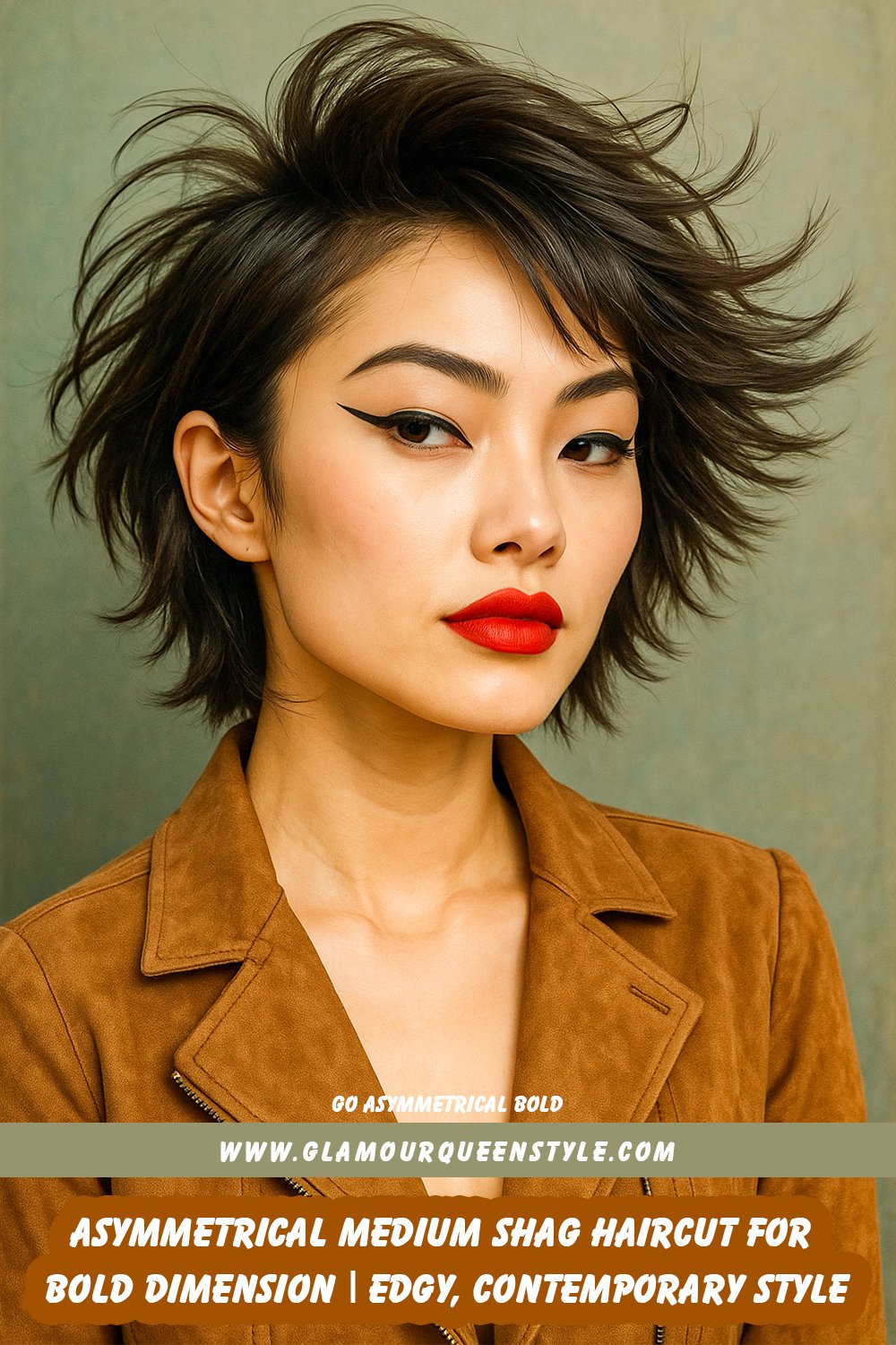 A woman sports an asymmetrical medium shag haircut featuring uneven layered lengths; she wears sharp makeup and coordinates her outfit with a tailored dark-toned blazer.