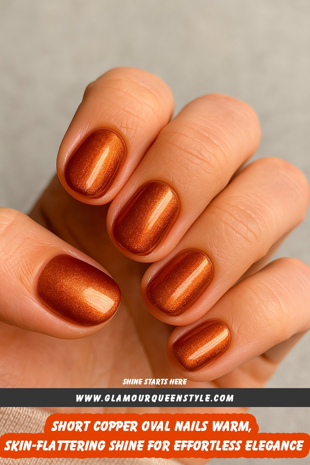 Close-up of hands featuring short, shiny copper oval-shaped nails with no embellishments; nail color seamlessly enhances various skin tones.