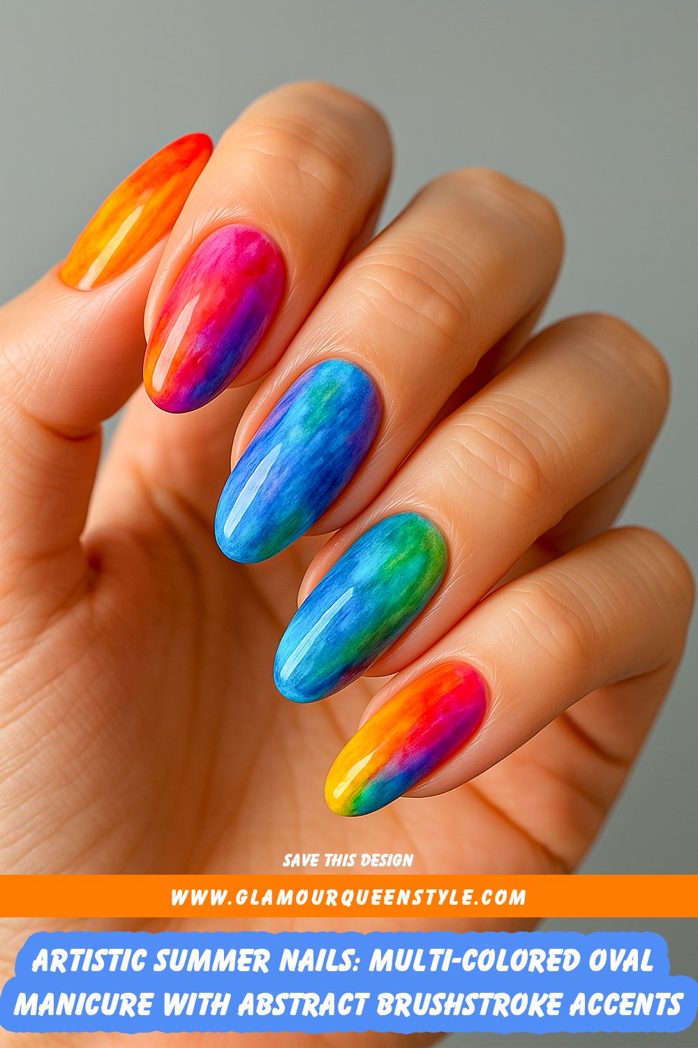 Short oval nails painted in multiple colors with artistic abstract brushstroke accents and a glossy finish for a stylish summer manicure.