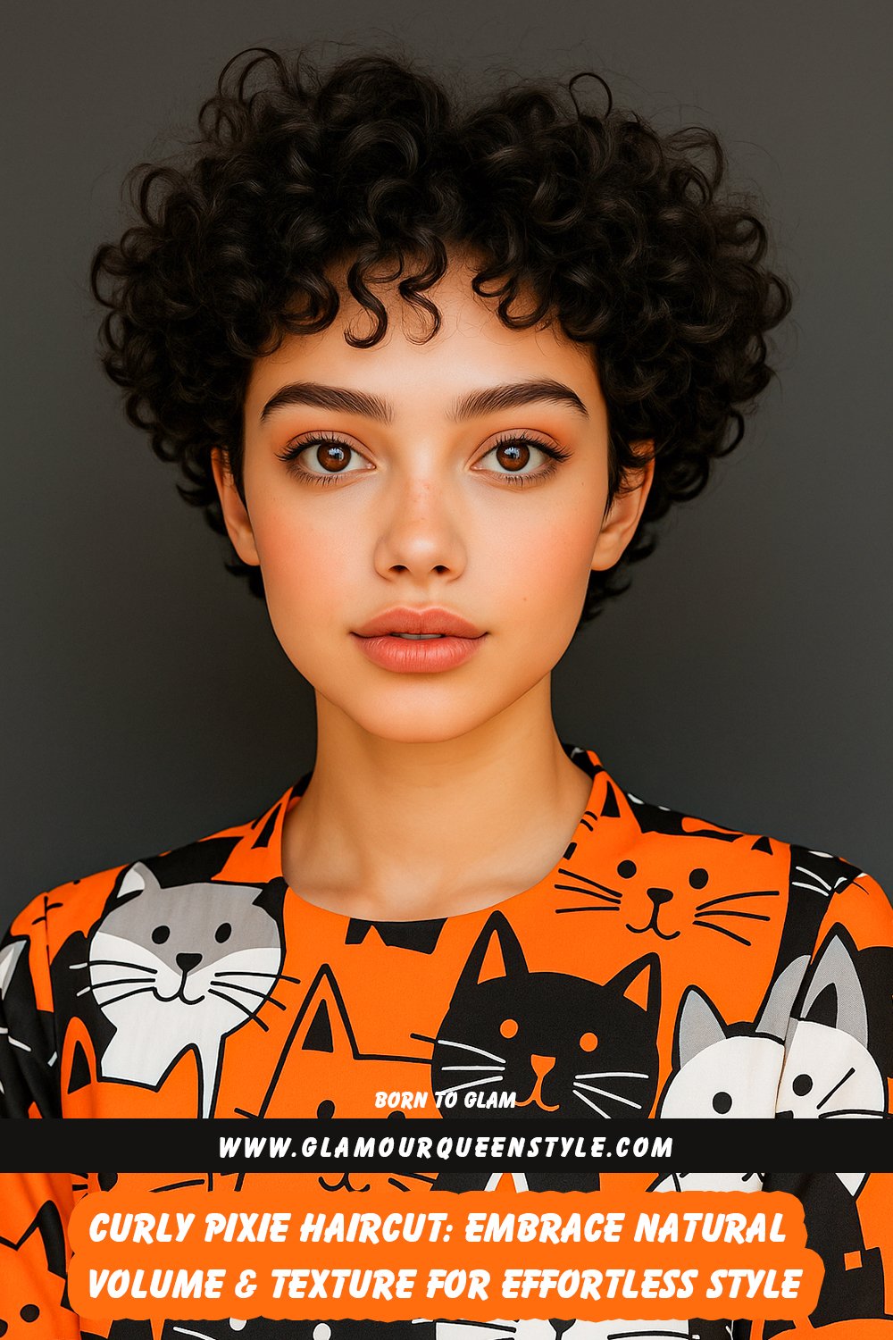 Woman sporting a very short curly pixie haircut; her layered curls are voluminous around her scalp, paired with radiant makeup and stylish modern clothing.