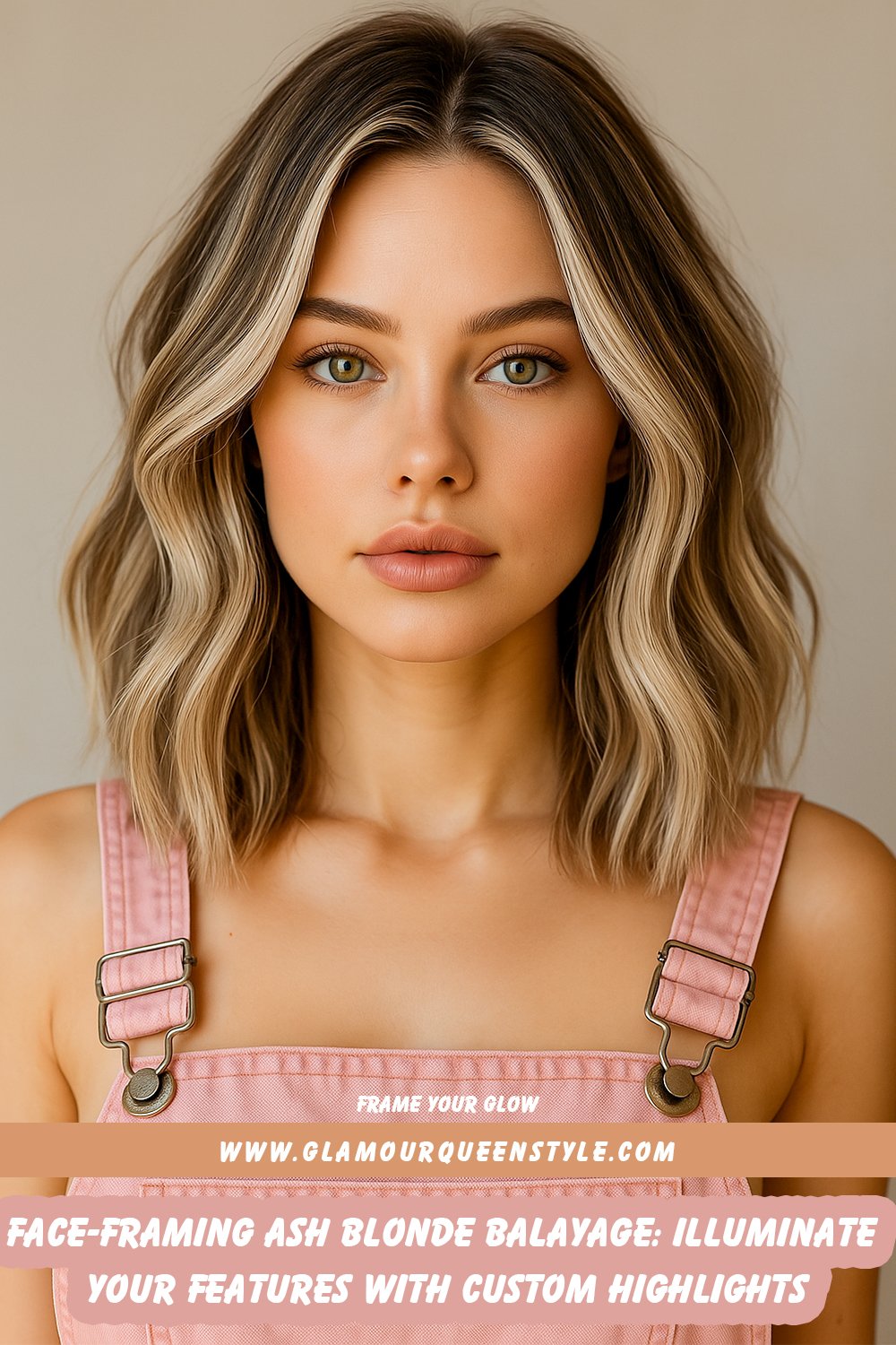 Woman’s mid-length hair styled in ash blonde balayage featuring lighter streaks framing her face; cool-toned highlights accentuate facial contours, paired with glowing skin and pastel accessories.