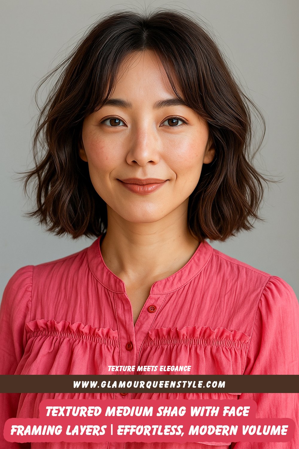 A woman showcases a textured medium shag haircut with subtle face-framing layers that gently accentuate her cheekbones; she wears luminous makeup paired with a refined neutral-toned ensemble.