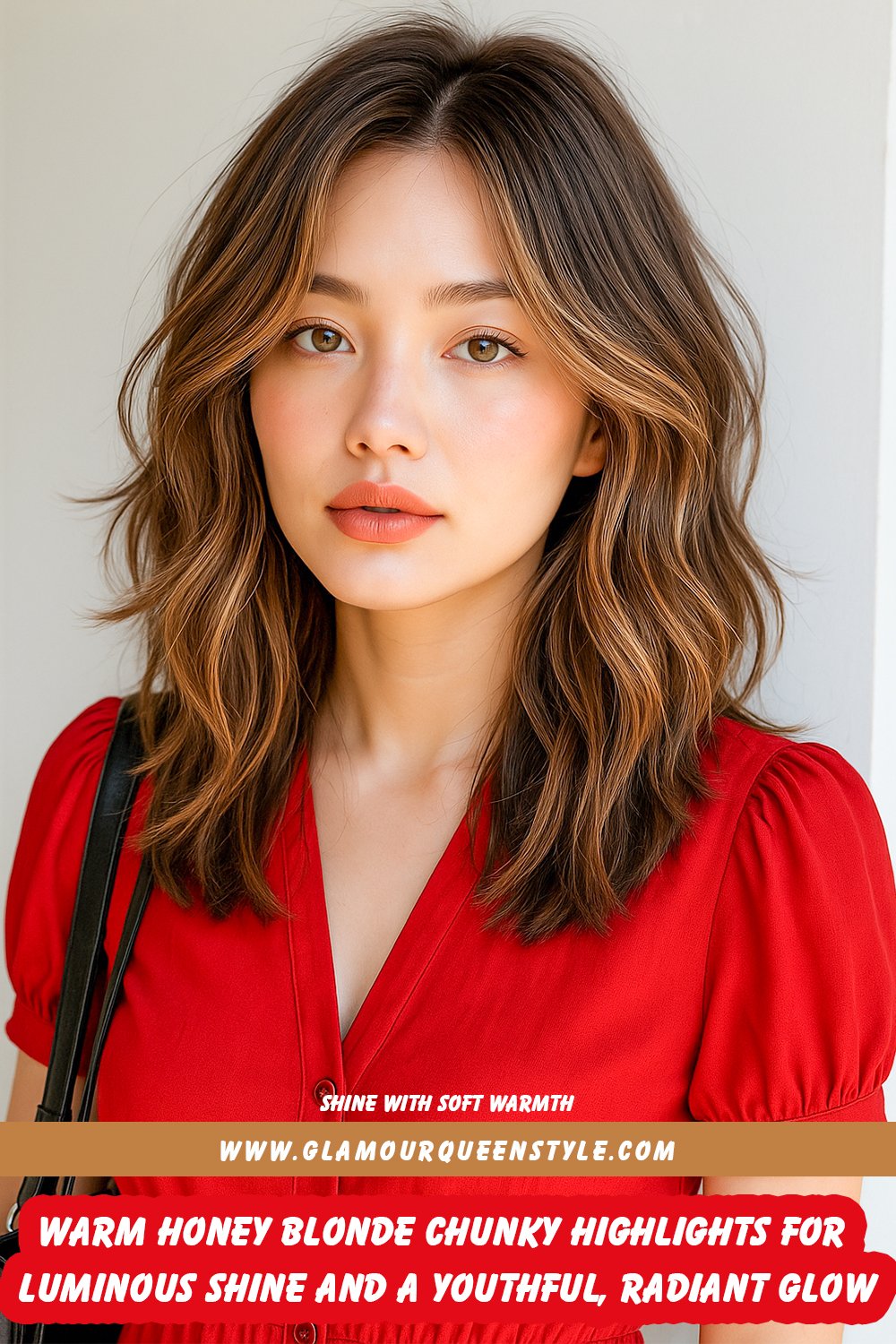 Woman with medium-length dark hair featuring chunky warm honey blonde highlights blended from darker roots; styled straight with subtle waves around the face. She wears soft glam makeup—rosy cheeks and glossy peach lips—with a cozy cream sweater and simple gold accessories.