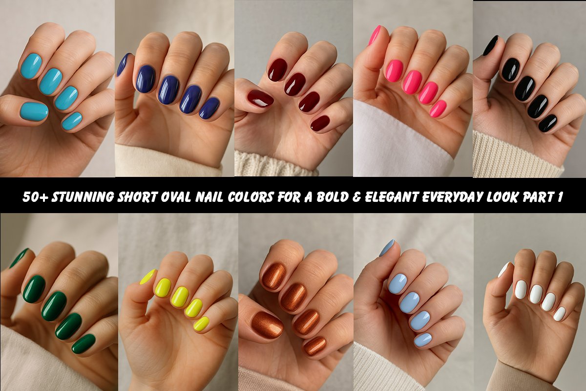 Flat lay of colorful short oval nail polish swatches in 16 shades, from red to indigo.