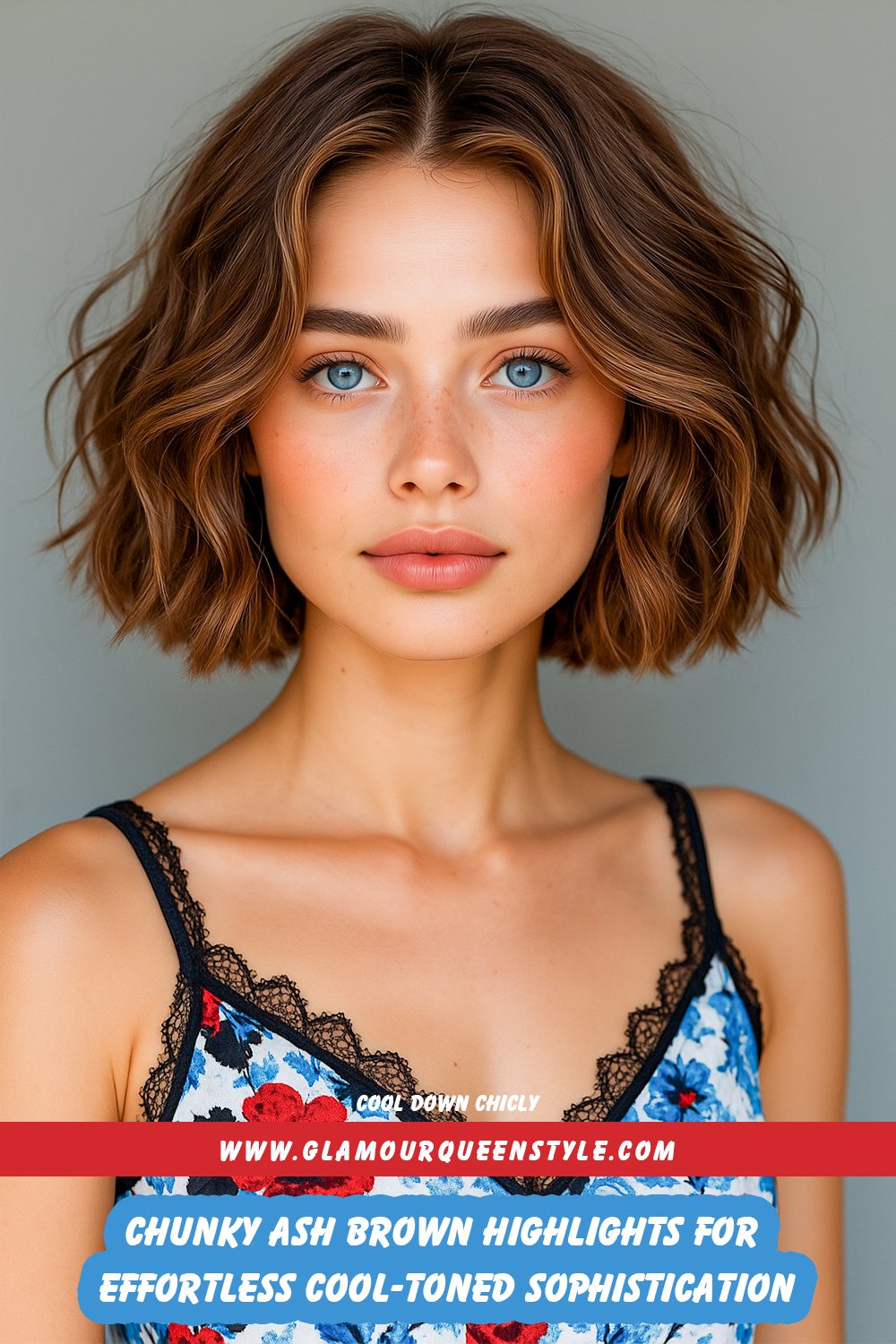 Woman with dark hair styled in chunky ash brown highlights creating gentle contrast; features soft makeup in neutral cool shades and wears a black collared short-sleeve dress adorned with front buttons and an over-the-shoulder thin bag strap.