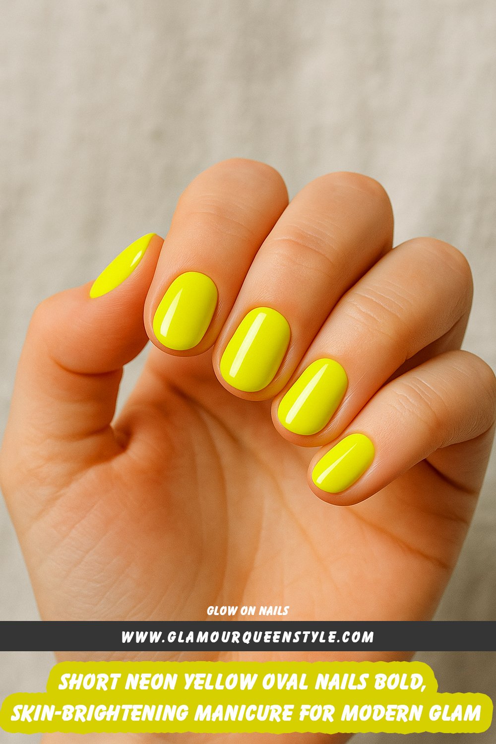 Close-up of hands featuring short, glossy neon yellow oval-shaped nails with no embellishments; nail color brilliantly complements various skin tones.