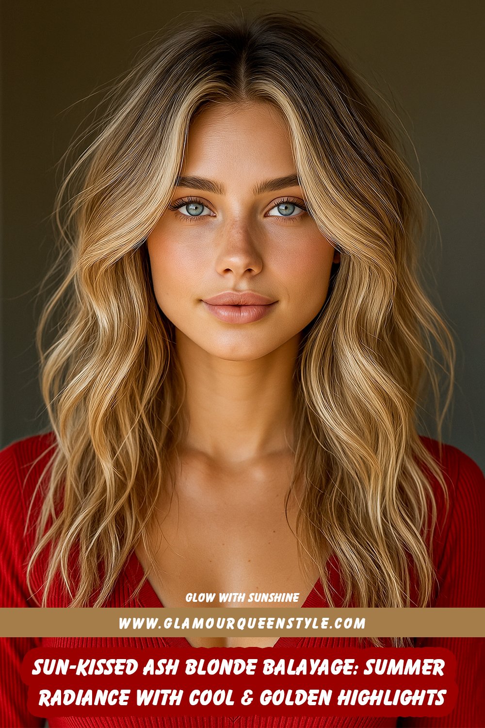 Woman’s medium-length hair styled in sun-kissed ash blonde balayage featuring cool undertones blended with golden highlights; loose beach waves frame her face as she wears layered necklaces and a white sundress.