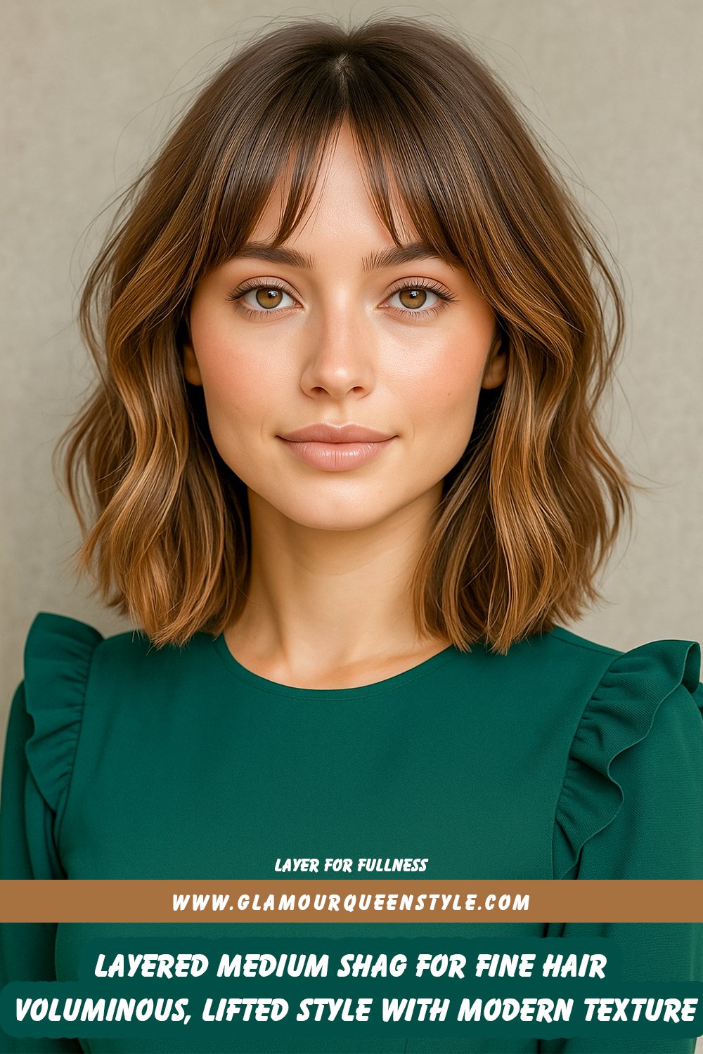 A woman features a layered medium shag haircut tailored for fine hair; voluminous graduated layers frame her face as she wears radiant makeup paired with a chic light-colored top.