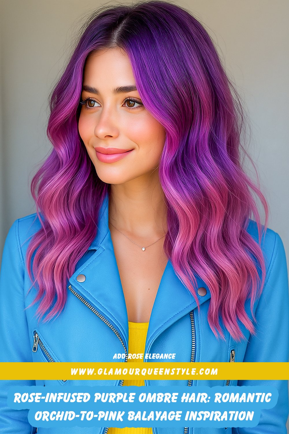 A woman showcases long hair styled in a seamless rose-infused purple ombre—from rich orchid at her roots fading into petal-pink ends—styled in loose curls with subtle floral accents.