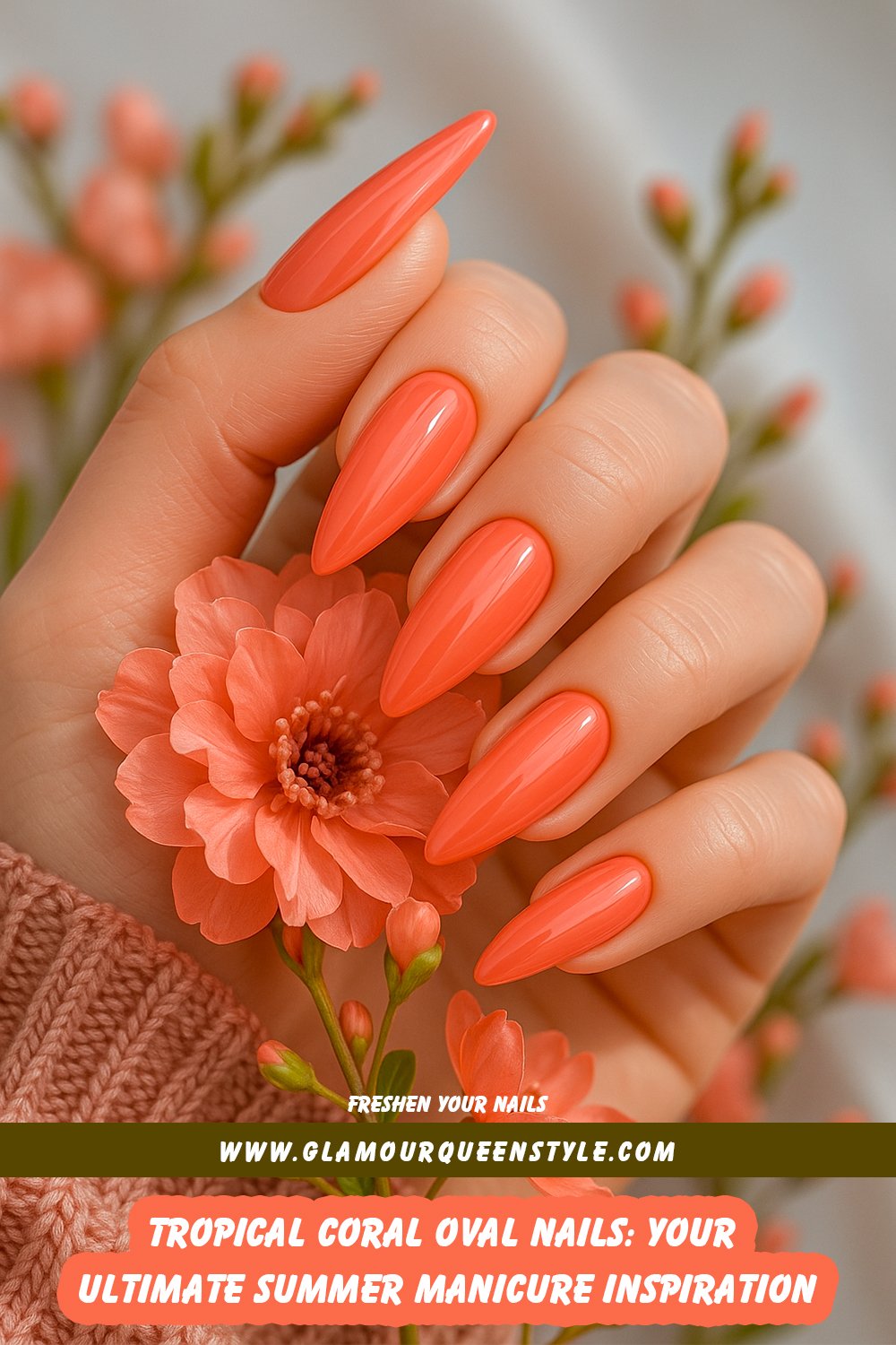 Bright coral oval-shaped nails with a glossy shine create a lively, tropical-inspired manicure ideal for summertime fashion.