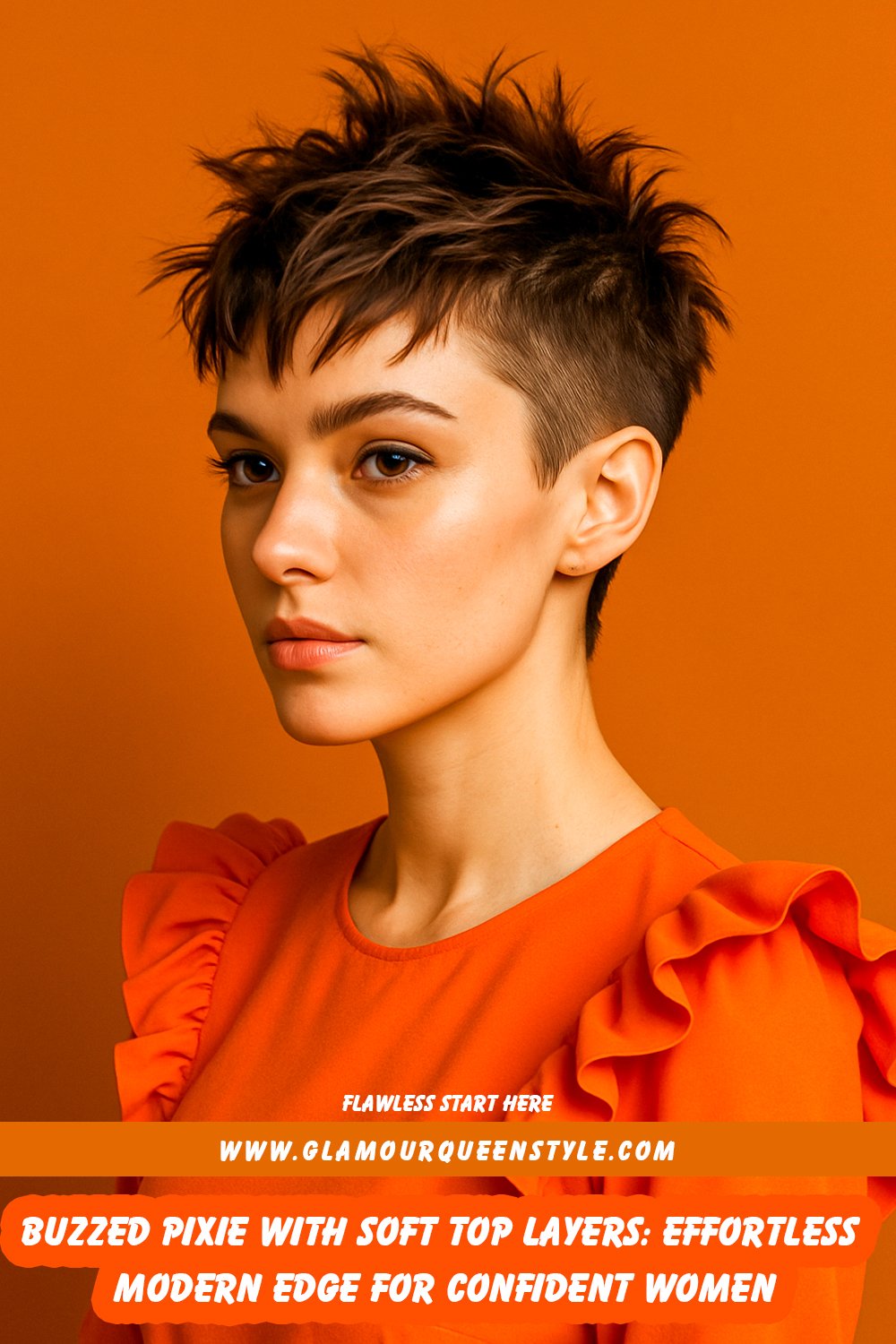 Close-up of a woman’s buzzed very short pixie haircut; shaved sides sharply contrast delicate longer top layers styled softly over the crown.