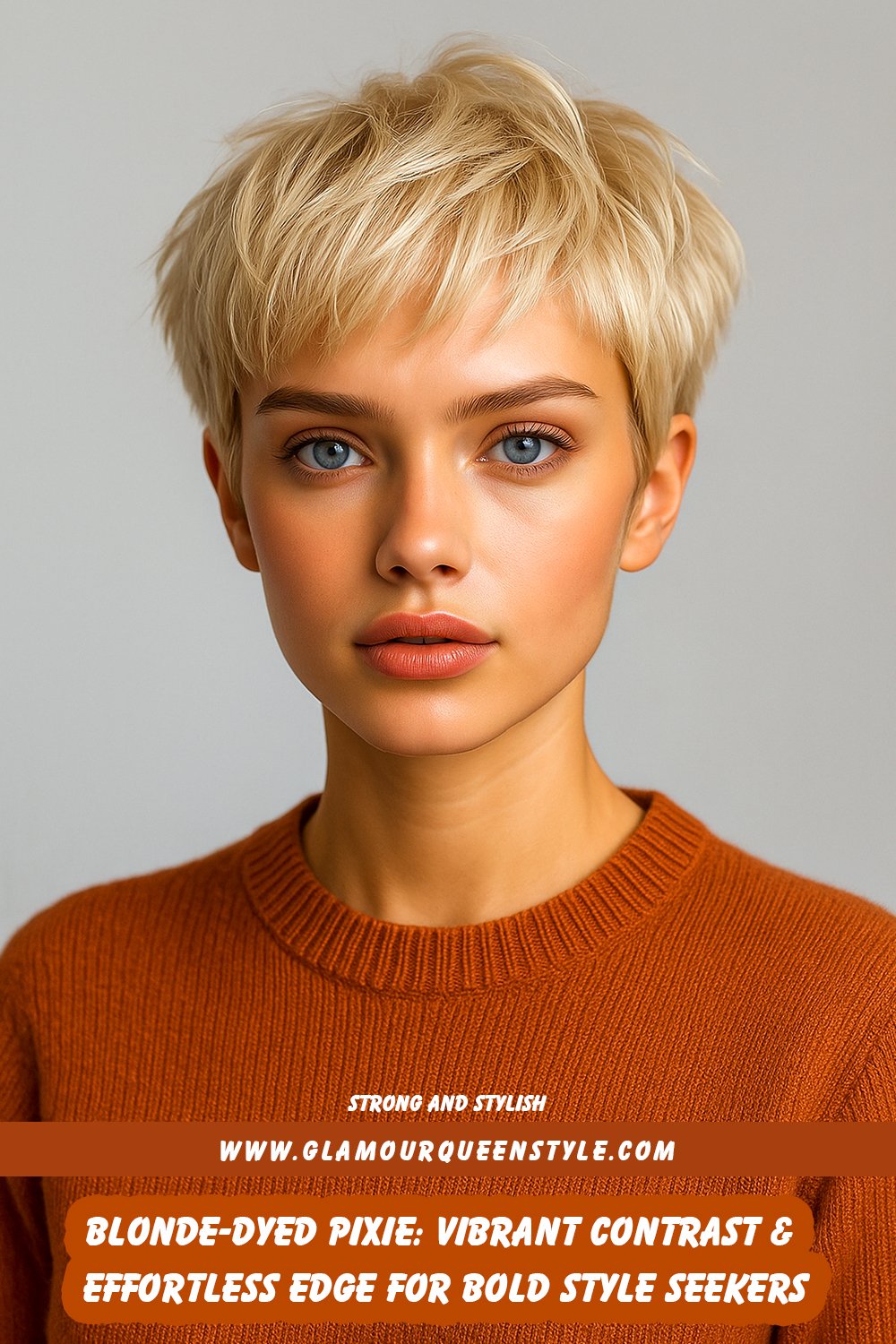 Close-up view of a woman’s very short blonde-dyed pixie hairstyle featuring vibrant tones on top and closely cropped sides for striking contrast.