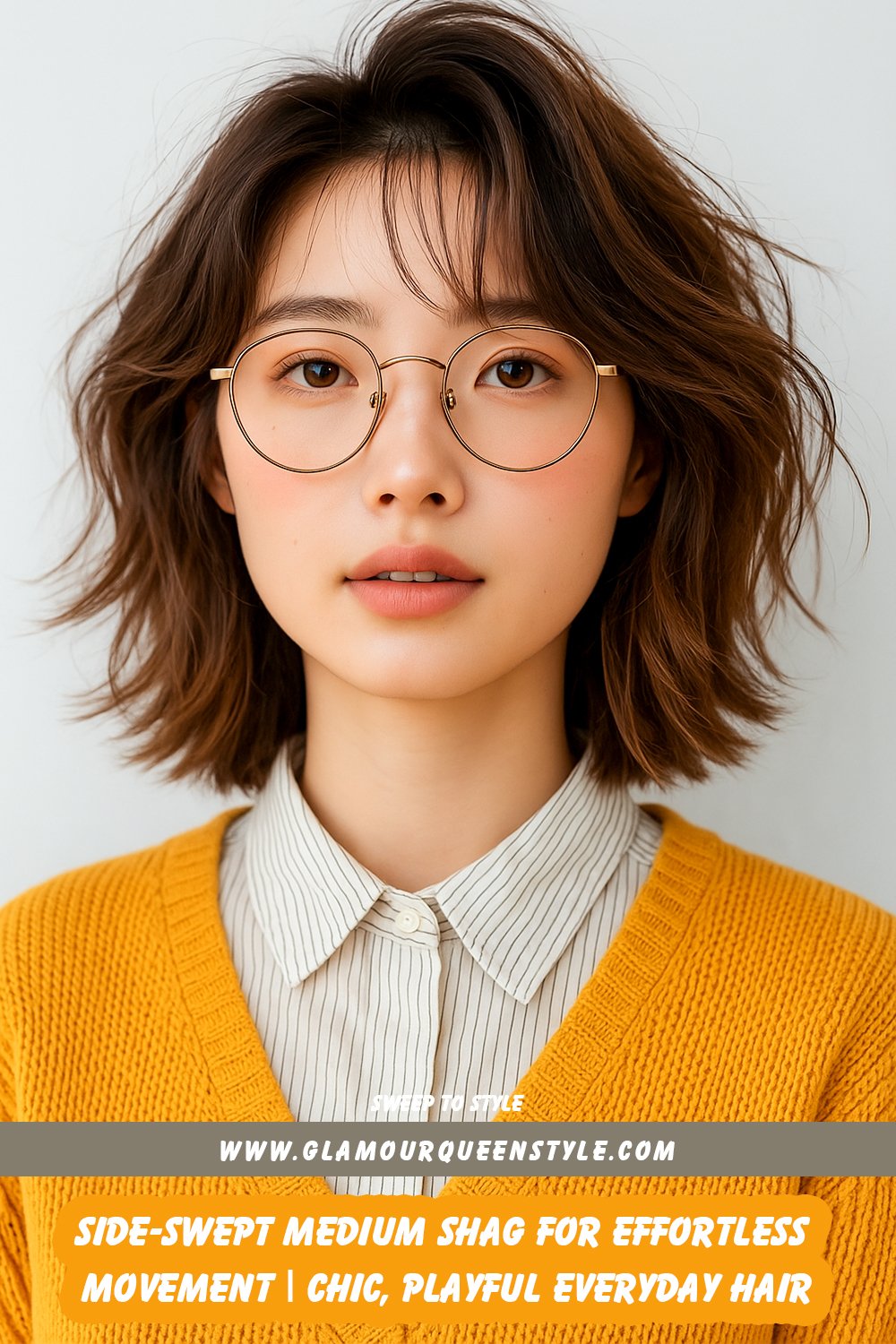 A woman wears her hair in a side-swept medium shag; softly tapered layers fall gracefully over one shoulder, complemented by luminous makeup and an off-shoulder blouse.