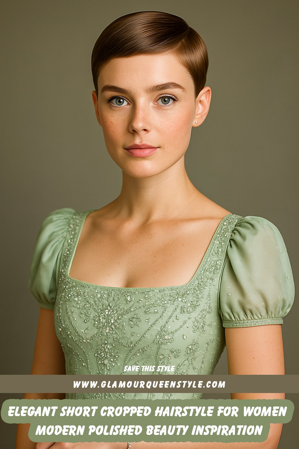 Close-cropped, sleek short hairstyle with tapered sides and longer top, styled for elegant, modern beauty.