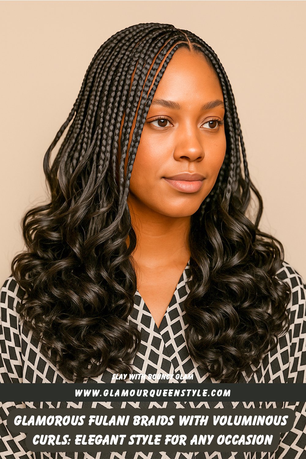 Woman wearing sleek Fulani braids at the top styled into voluminous glossy black curls cascading over her shoulders; combines structured plaits and soft flowing waves for a glamorous effect.