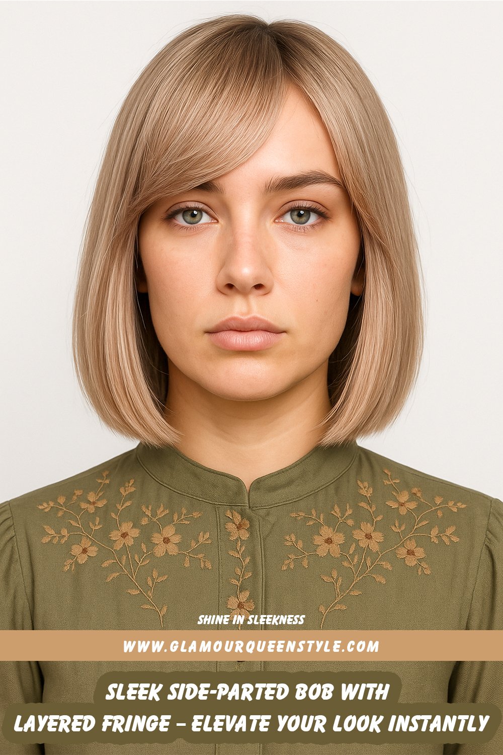 A confident woman showcasing a sleek straight bob haircut styled in a deep side part with soft layered fringe; she pairs her chic hairstyle with subtle glowing makeup and a smart-casual blazer, creating an elegant beauty statement.