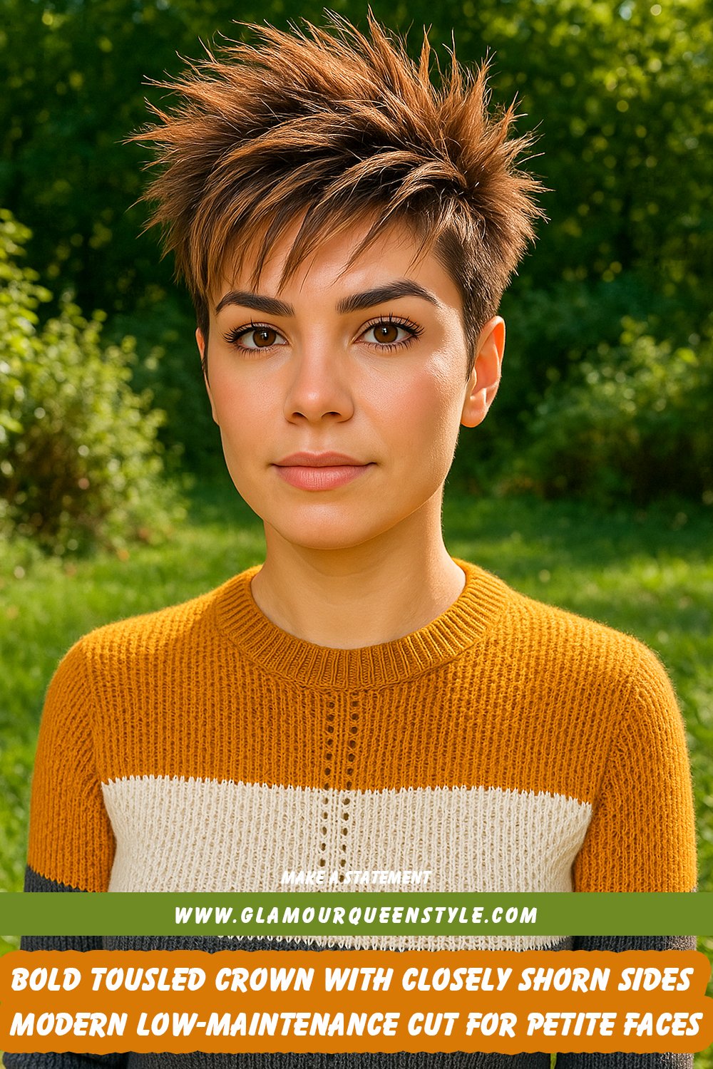 A woman sporting closely shorn sides with a voluminous tousled crown haircut styled for petite faces, complemented by sleek minimalist fashion pieces.