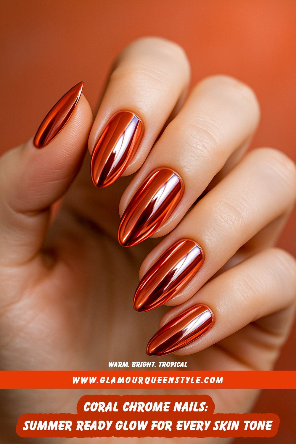 Close-up of hands showing glowing coral chrome nails on bronzed and fair skin tones; highlighting their summery shine against light, airy outfits outdoors.