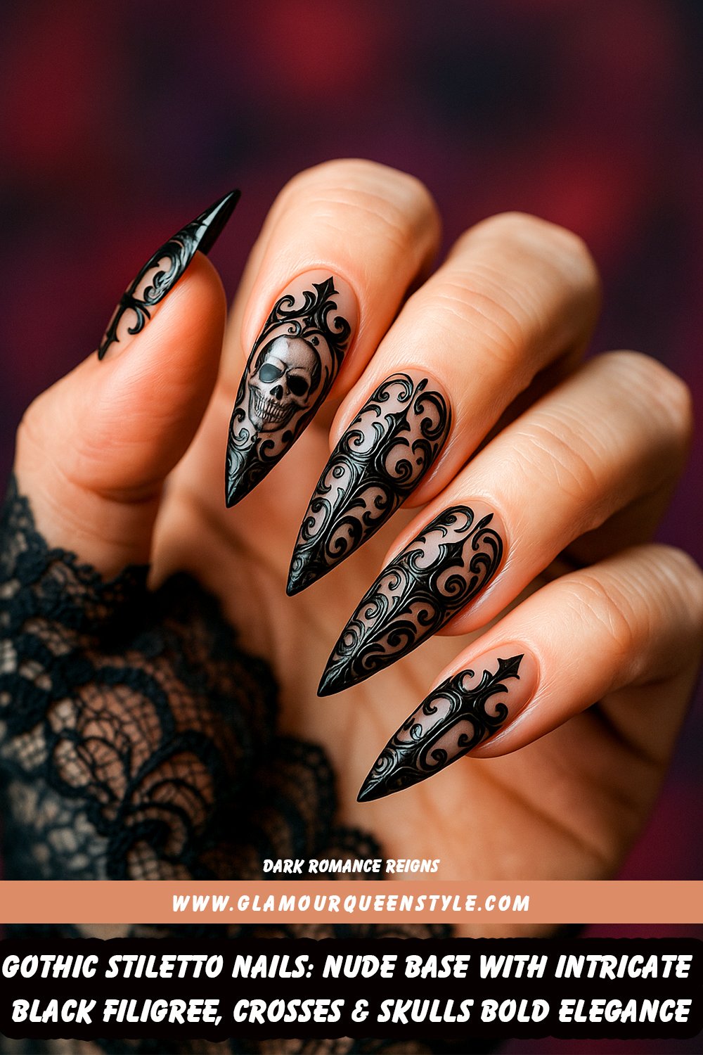 Stunning stiletto nails featuring nude translucent bases perfectly matching various skin tones; ornate black swirling filigree patterns, delicate crosses, and intricate skull details create an elegant gothic manicure.