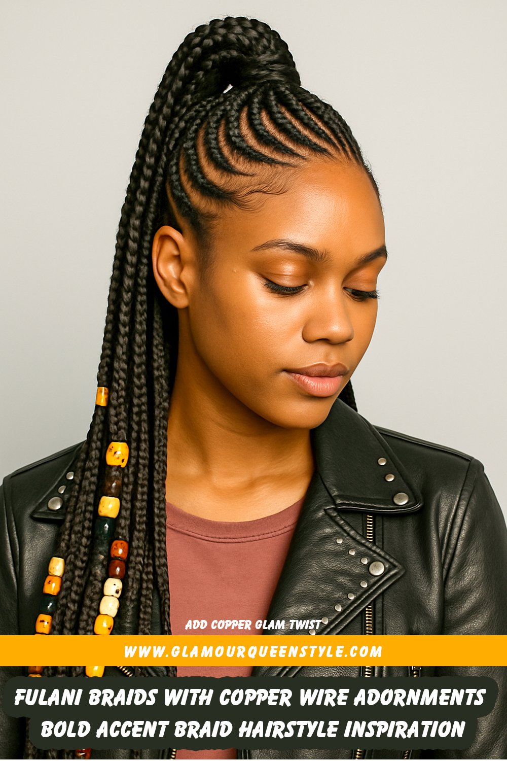 Traditional Fulani braids intricately styled and wrapped with eye-catching copper wire adornments for a distinctive, stylish accent on braided hair.