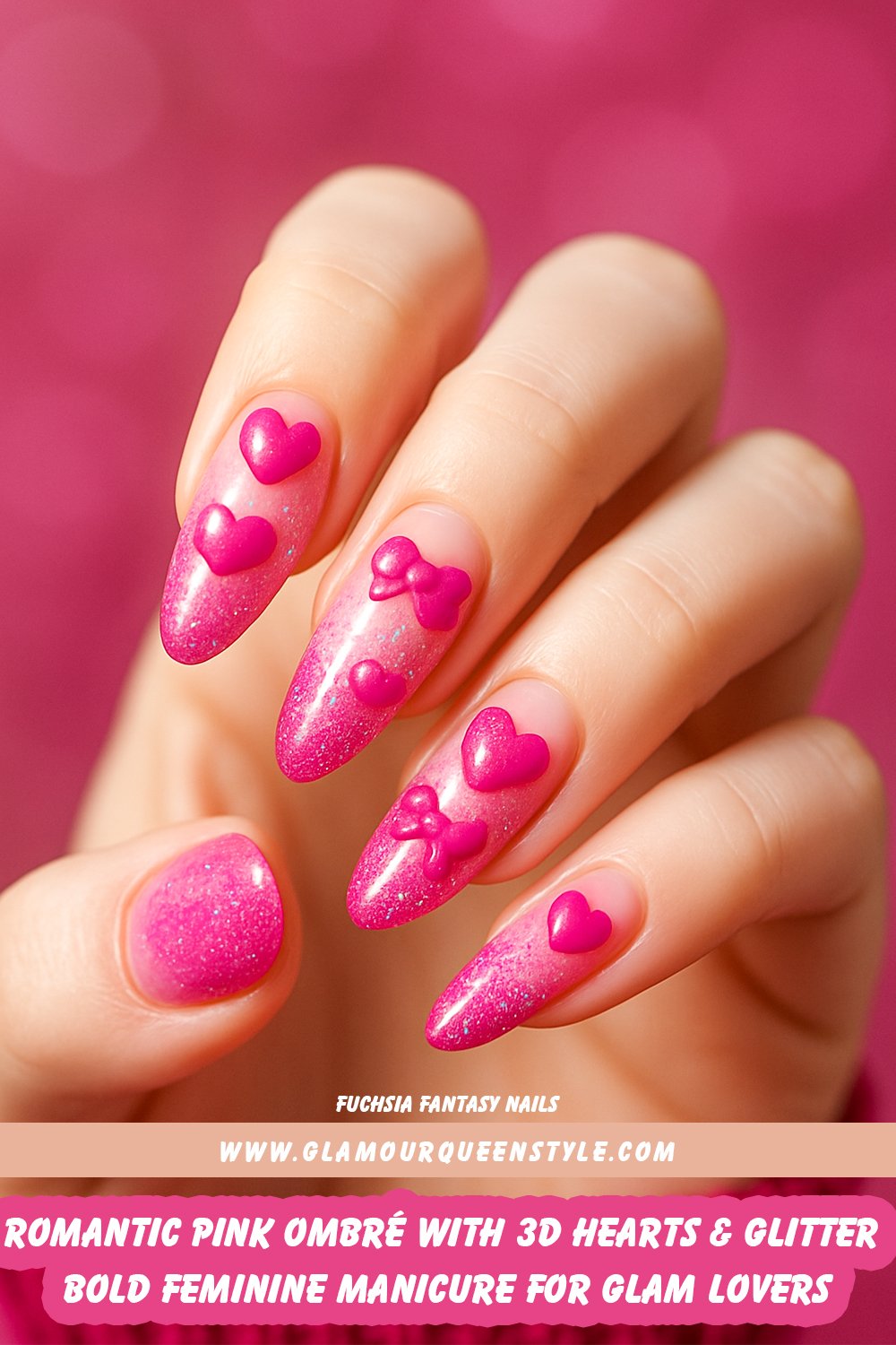 Long almond-shaped nails in seamless pink ombré—from blush near cuticles to vivid fuchsia at tips—decorated with sparkling glitter, raised hot pink hearts and bows; glossy finish enhances color matching wearer’s skin.