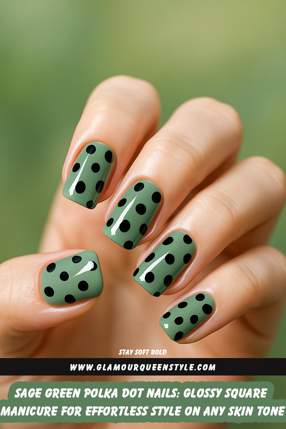 Square-shaped nails painted in muted sage green; finished with scattered bold black polka dots of various sizes over a shiny surface for a modern, playful effect flattering all skin tones.