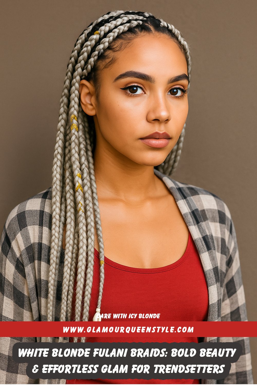 Close-up of a woman wearing striking white-blonde Fulani braids styled in neat cornrows adorned with beads, paired elegantly with glowing makeup and coordinated neutral-toned outfit.