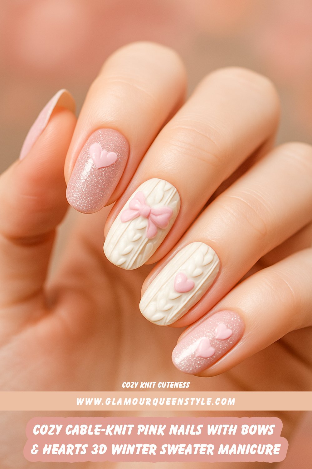 Long almond-shaped nails painted in soft pink and creamy white; some feature raised cable-knit textures topped with delicate bows or hearts, others shimmer in silver glitter with dainty heart details—all beautifully matching wearer’s skin.