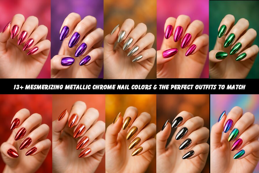 Close-up of fourteen chrome almond nails in assorted metallic shades resting on blush silk.