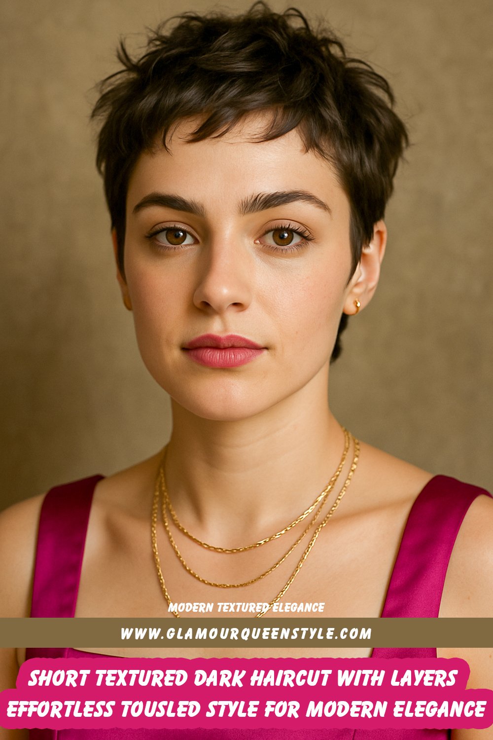 Short dark textured haircut with tousled layers and modern shape, styled for a clean and effortless look.