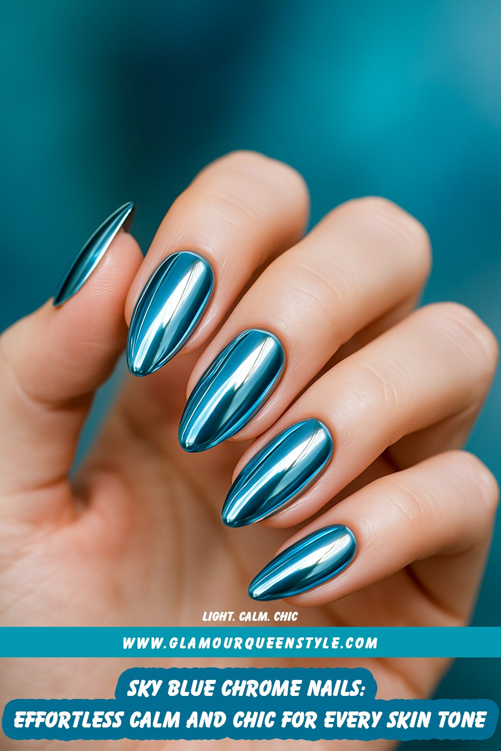 Close-up of hands featuring shiny sky blue chrome nails on various skin tones; shimmering gently against airy white outfits in natural daylight.