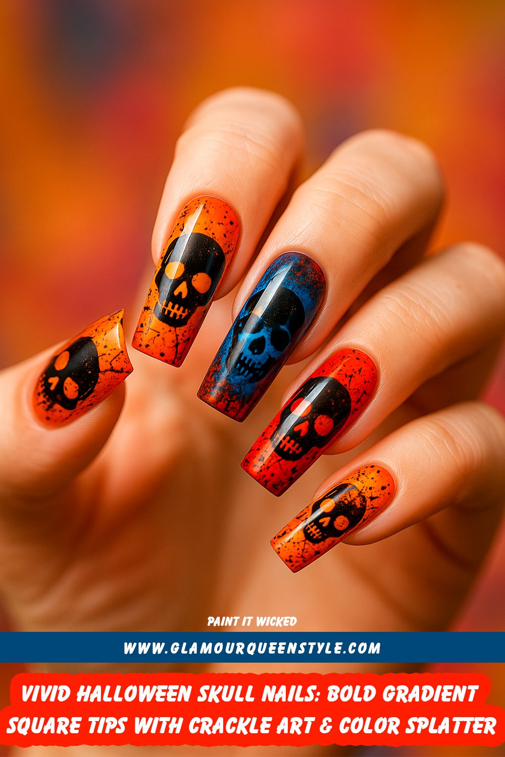 Long square-shaped nails featuring bold gradient bases in orange, blue, and red; accented by contrasting paint splatter effects and prominent black skull designs over crackled backgrounds—flattering various skin tones.