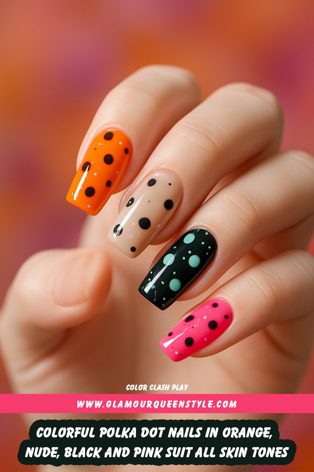 Long square-shaped nails painted in vibrant orange, nude beige, deep black, and hot pink bases; scattered contrasting polka dots (black on warm tones; pastel blue-green/white on dark); finished with tiny white speckles for lively effect flattering any complexion.