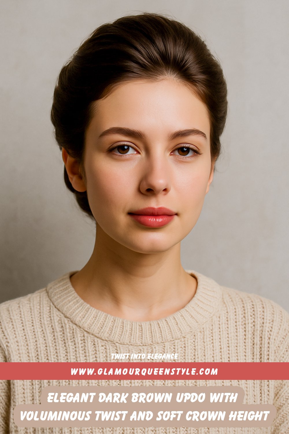 Dark brown smooth hair styled into an elegant updo with a voluminous twisted bun and soft crown volume for a polished look.