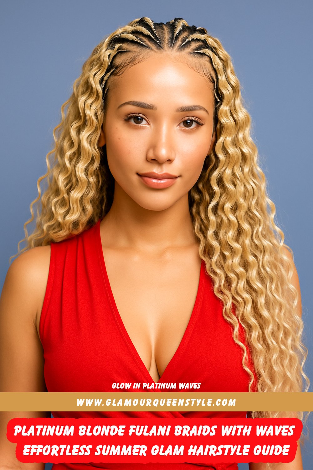 Platinum blonde Fulani braids styled in neat cornrows flowing effortlessly into soft, wavy ends—a blend of edgy color and relaxed summer glamour.