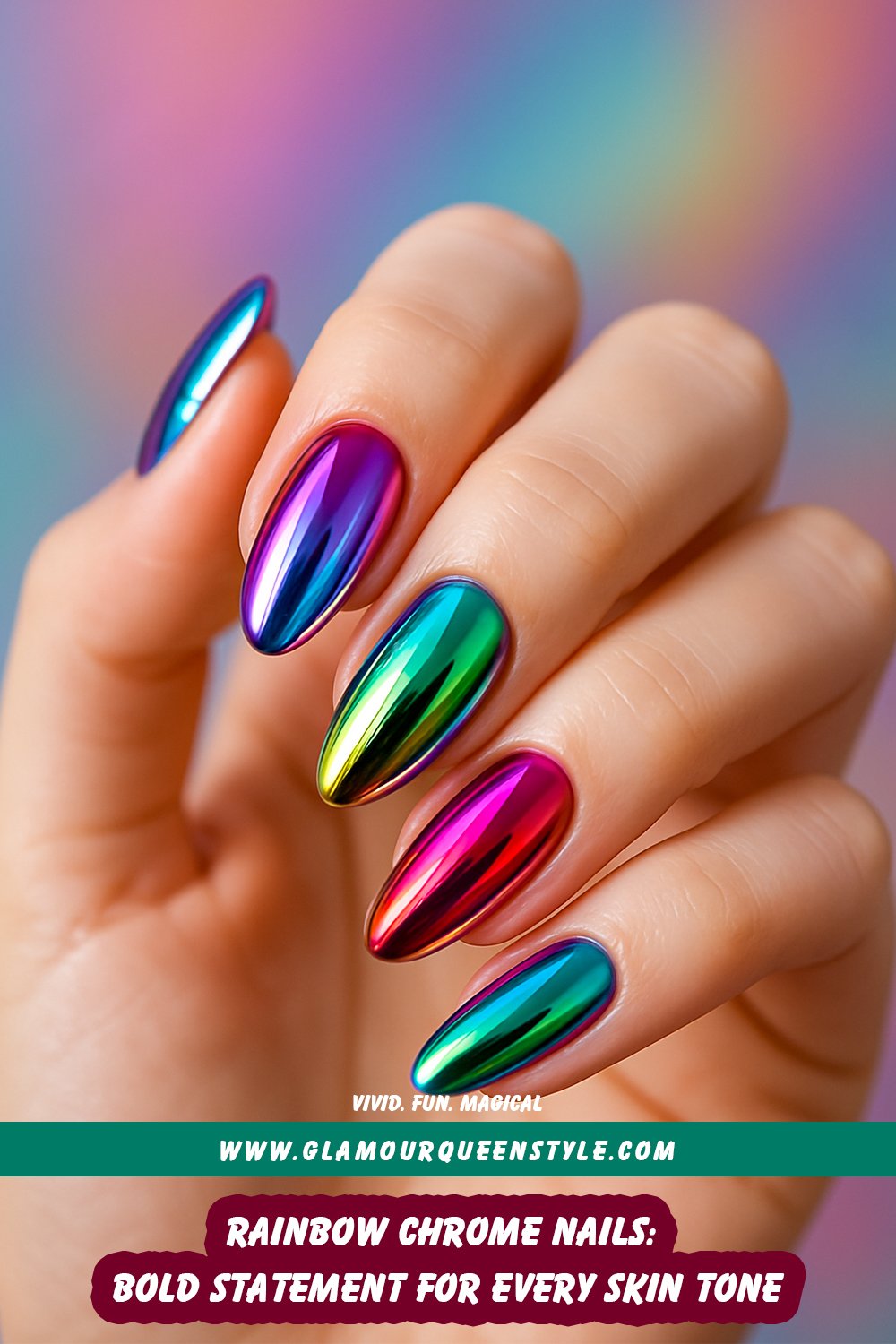 Close-up of hands showing vibrant rainbow chrome nails on diverse skin tones; colors reflecting brightly against sleek black clothing in a party atmosphere.