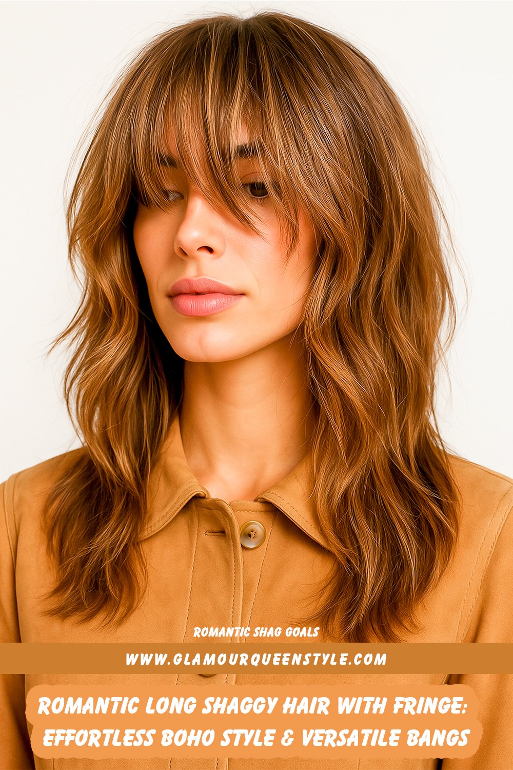 Long shaggy haircut featuring textured layers and a wispy full fringe; model shows off versatile bangs pinned up for variety alongside romantic makeup touches and boho-inspired fashion.