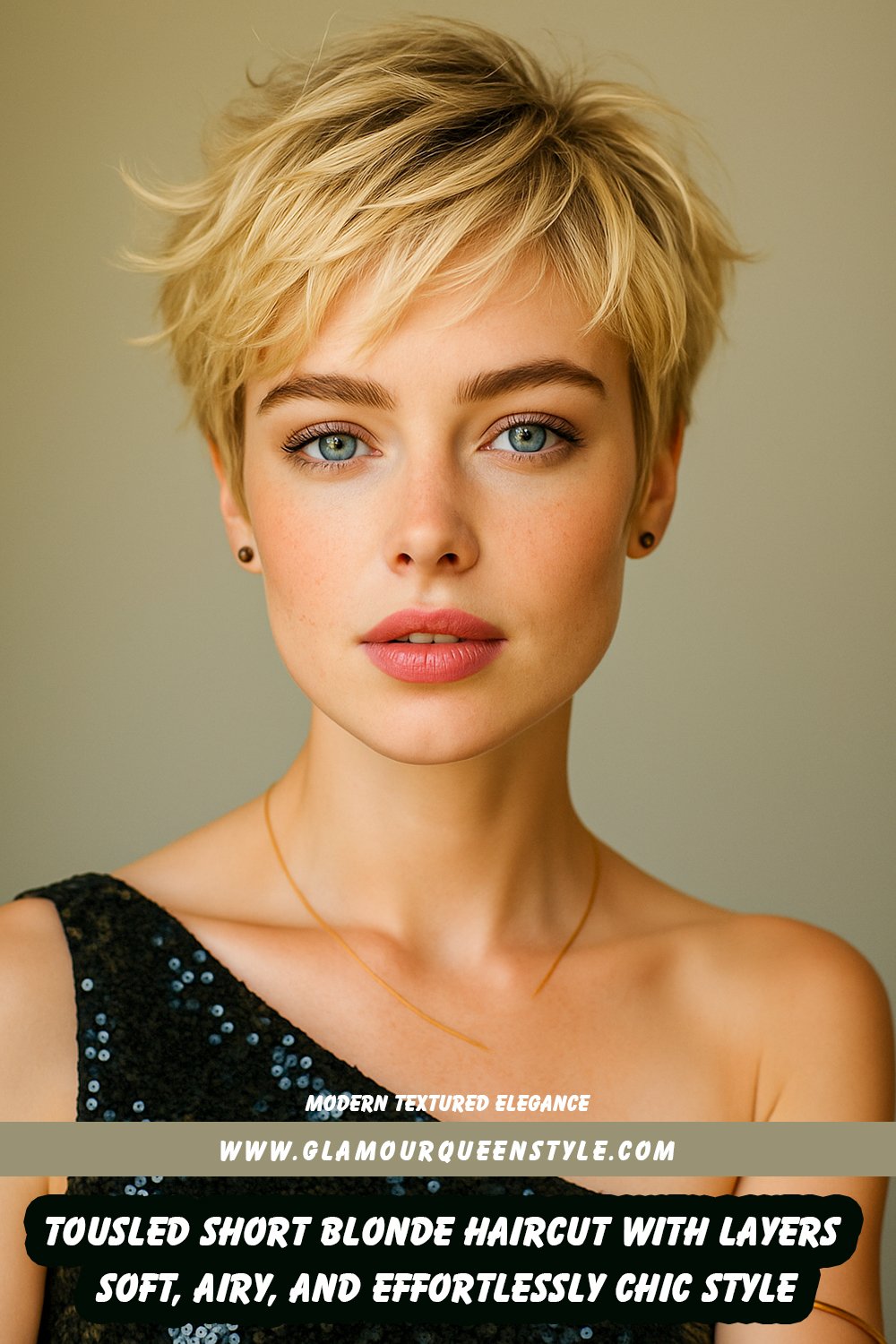 Tousled short light blonde hairstyle with soft layers and airy texture styled for a playful, elegant look.