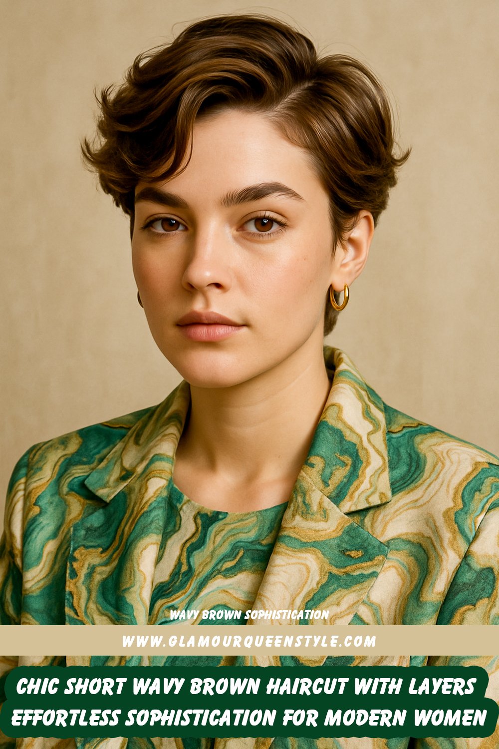 Short wavy brown hairstyle with rich tones and tousled layers styled for an elegant, effortless look.