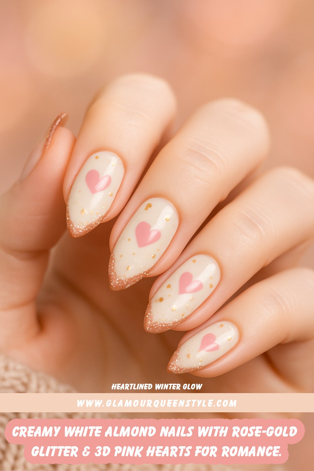 Long almond-shaped nails painted creamy white; lined with rose-gold glitter borders and scattered gold flecks, finished with soft pink 3D hearts matching wearer’s skin tone.