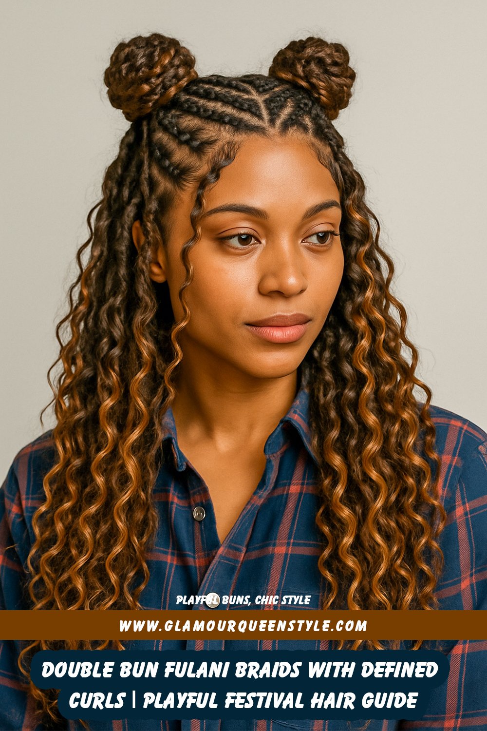 Natural black Fulani braids styled into two top double buns with loose curly ends—a trendy mix of cute structure and elegant softness.