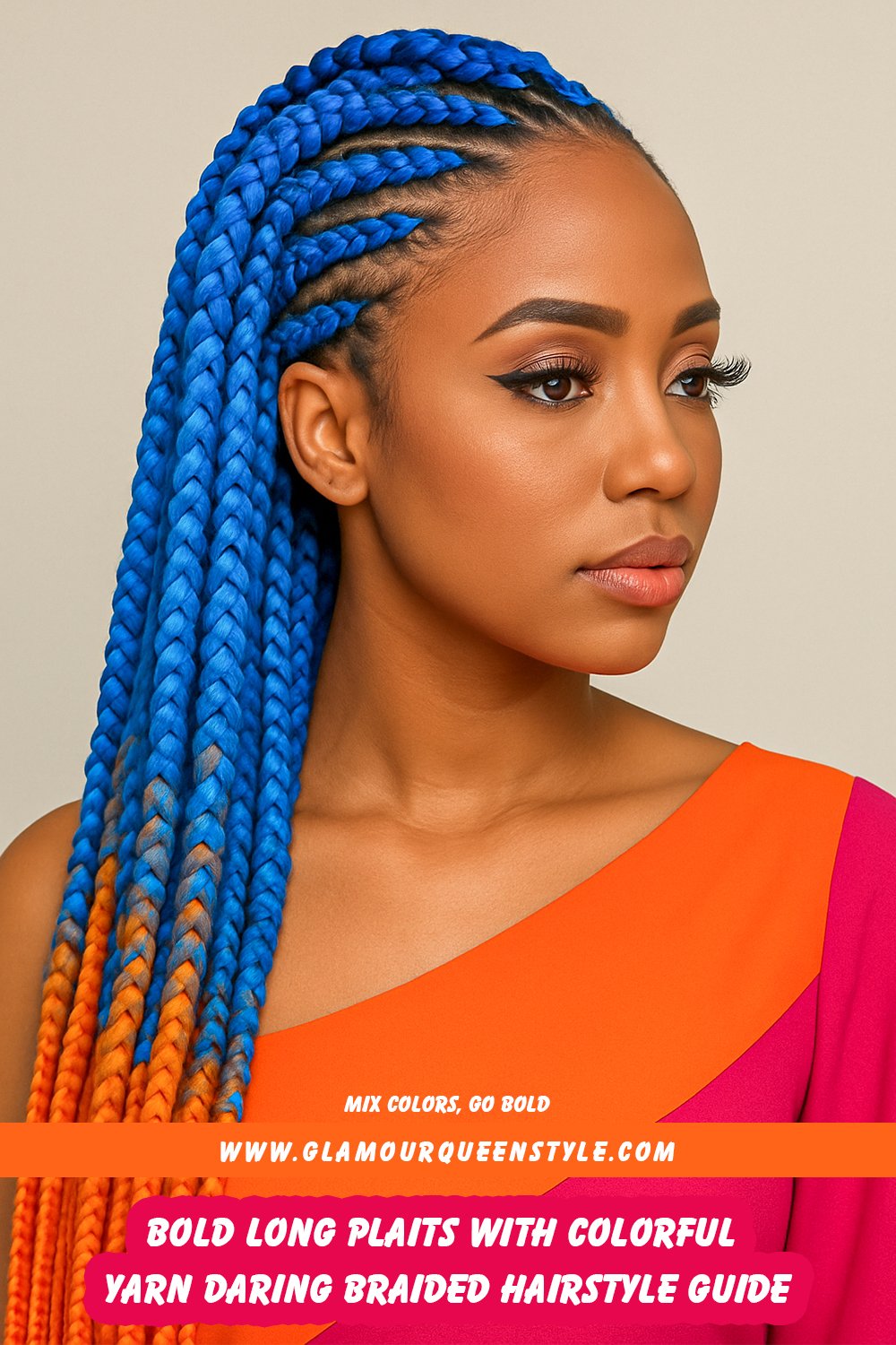 Long braids extended and wrapped in colorful yarn strands, creating a striking mix of bright shades for a unique braided hairstyle.