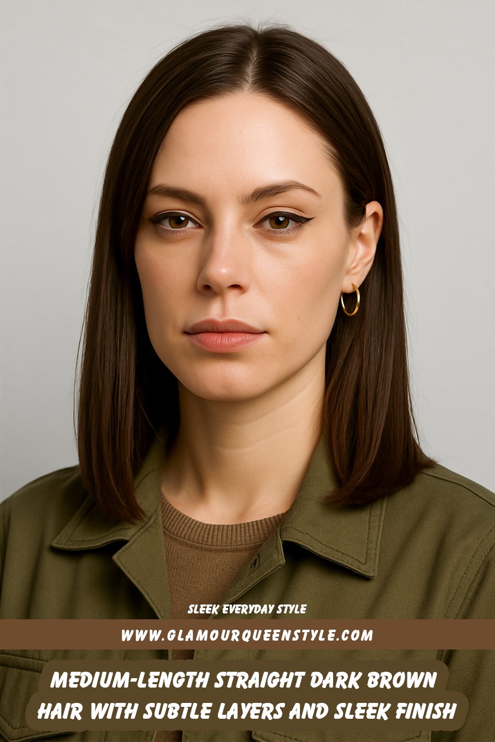 Medium-length straight dark brown hair with subtle layered ends and a sleek, glossy finish styled with a slightly off-center part.