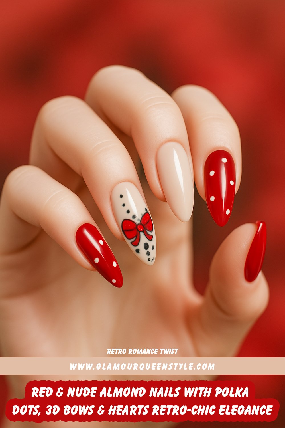 Long almond-shaped nails alternating in deep red with white polka dots or soft nude beige; one nail features black dot-and-heart art on cream plus a detailed 3D red bow with silver center—all matching wearer’s skin tone.