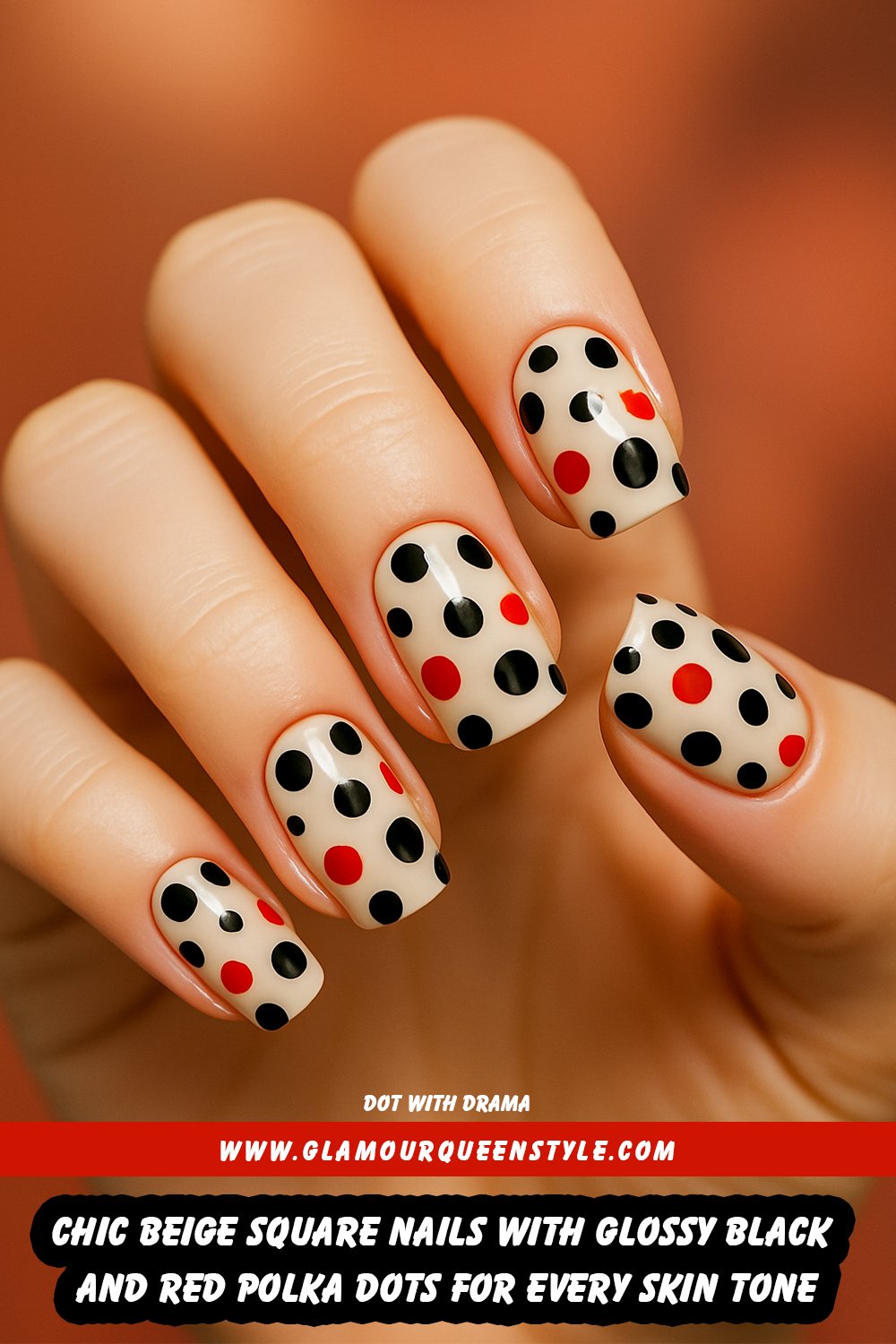 Square-shaped nails painted creamy beige; scattered bold black dots in different sizes plus smaller bright red accents over glossy surface—sleek dotted pattern enhances any complexion.